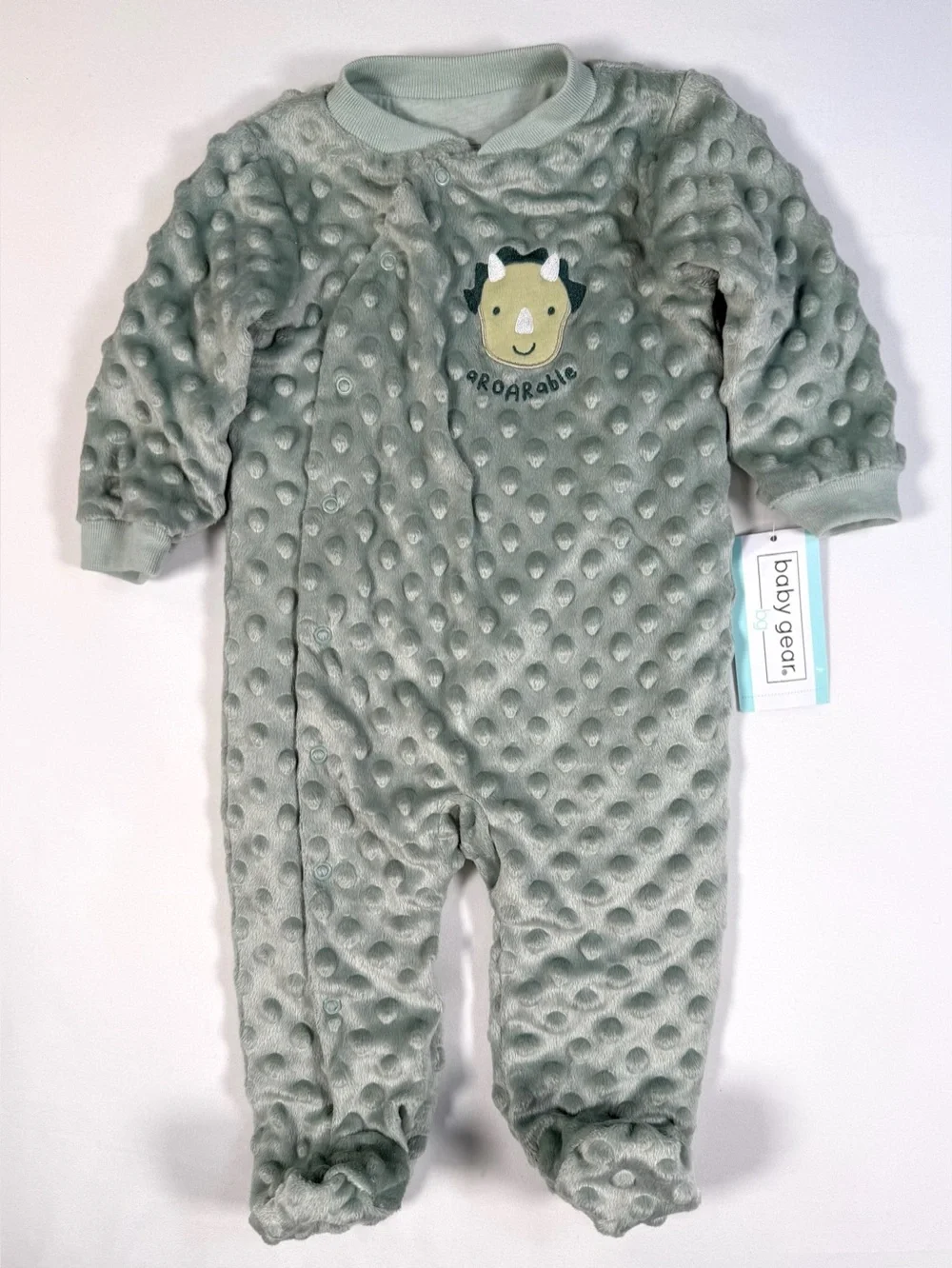 NWT BABY GEAR Unisex Dino Plush Footie Sleeper 6-9M Sage Green Cozy Soft NEW